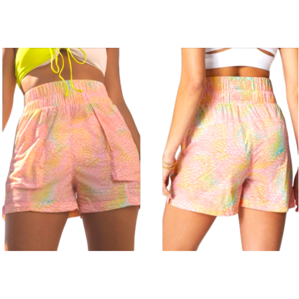 Fabletics Ultra High Waisted Piped Nylon Shorts Coral Leopard Pink Yellow S 4-8